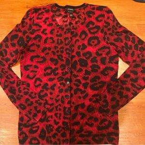 Talbots 100% Merino Wool Sweater Cardigan Cheetah Print Red Button Front Crew XS